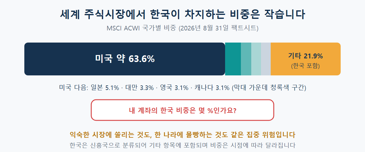 MSCI ACWI 국가별 비중 미국 약 63.6%, 일본 5.1%, 대만 3.3%, 영국 3.1%, 캐나다 3.1%, 한국을 포함한 기타 21.9%