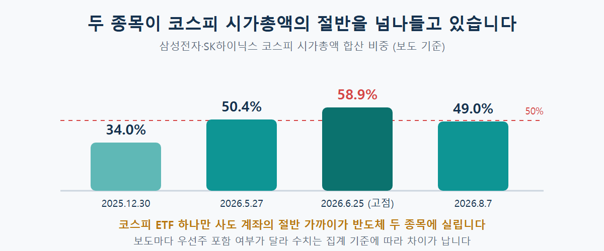 삼성전자와 SK하이닉스의 코스피 시가총액 합산 비중이 2025년 말 34.0%에서 2026년 5월 50.4%, 6월 58.9%까지 오른 뒤 8월 49.0%로 내려온 흐름