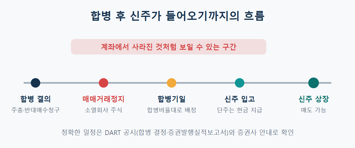 흡수합병 시 소멸회사 주주의 주식 흐름: 소멸회사 주식 매매거래정지, 합병기일, 존속회사 신주 발행·배정, 신주 상장 후 거래 가능. 거래정지부터 신주 입고 전까지 계좌에서 사라진 것처럼 보일 수 있음