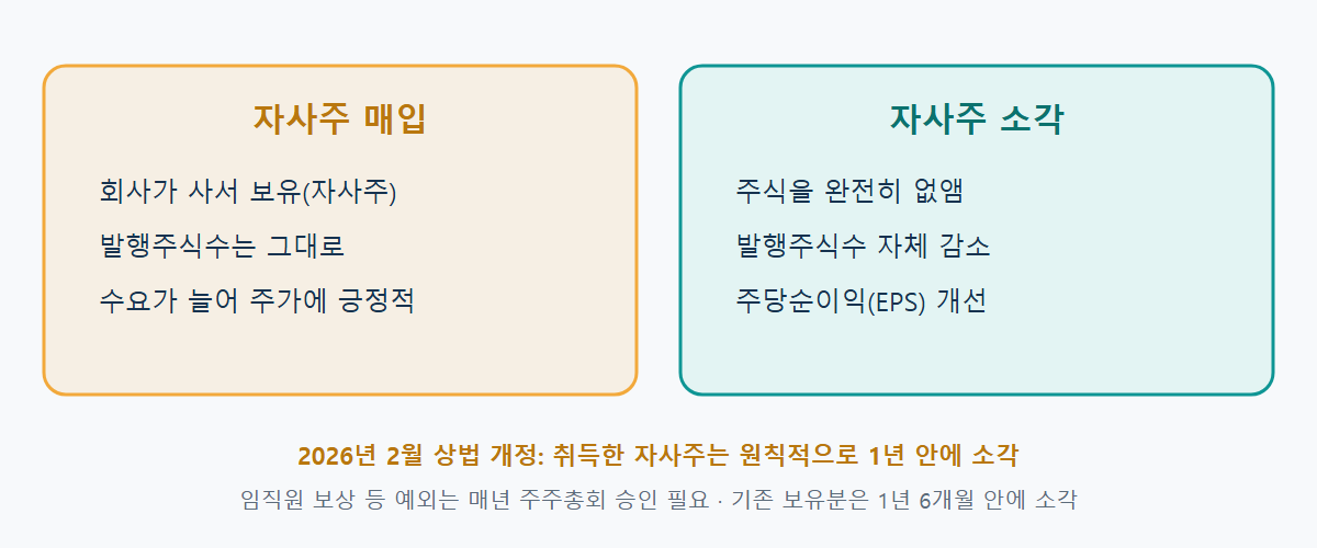 자사주 매입과 소각의 차이: 매입은 회사가 보유하고 발행주식수는 그대로, 소각은 발행주식수 자체가 감소. 2026년 상법 개정으로 취득 자사주는 원칙적으로 1년 안에 소각