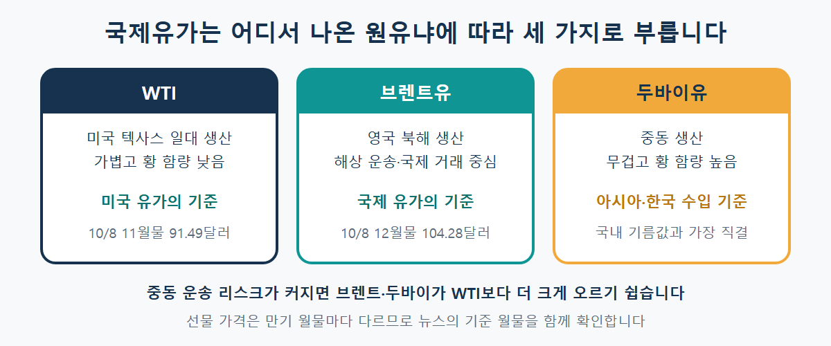 국제유가 3대 지표 WTI는 미국산 경질유로 미국 기준, 브렌트유는 북해산으로 국제 기준, 두바이유는 중동산 중질유로 아시아와 한국 수입 기준